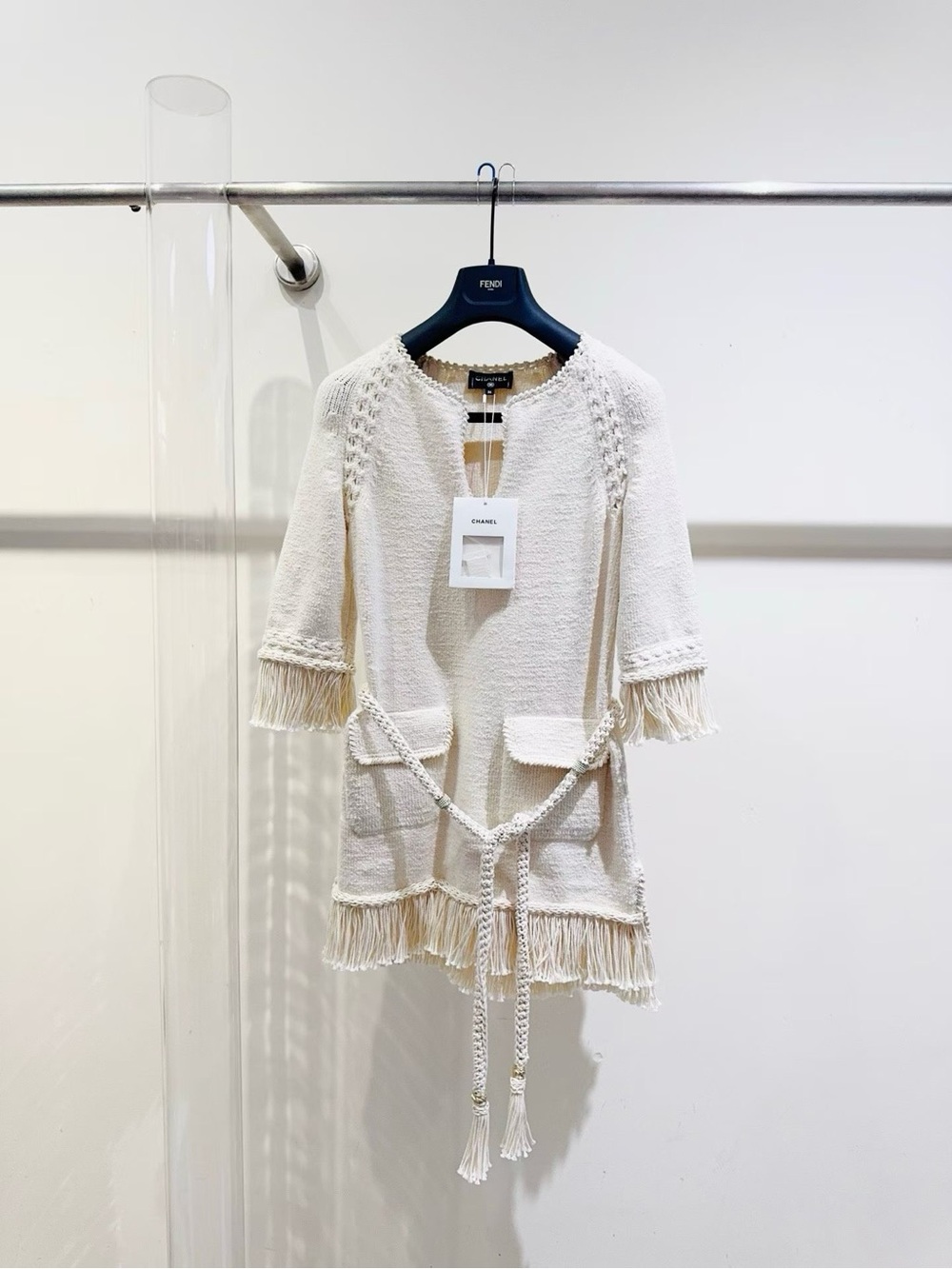 CHANEL Cream Bouclé Fringe Belted Cardigan